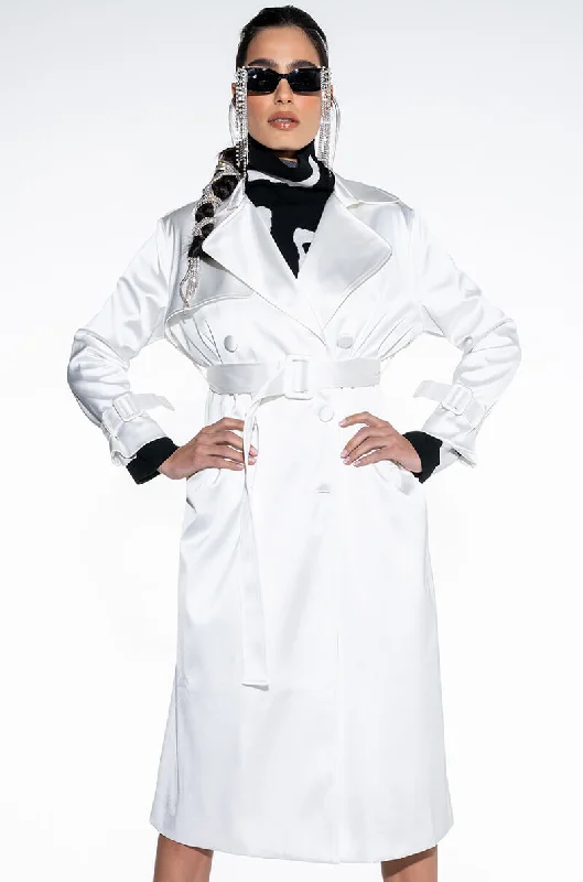 fitted coatFOXY WHITE SATIN TRENCH