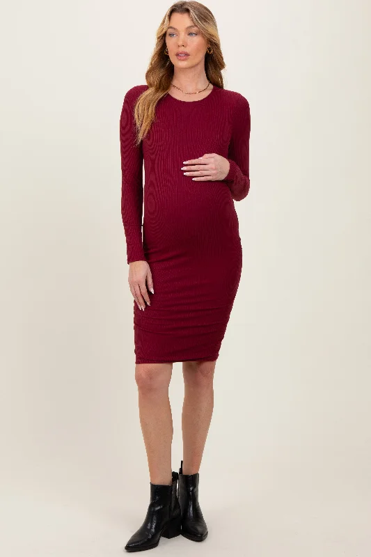 bodycon dressBurgundy Crew Neck Double Layered Rib Maternity Mini Dress