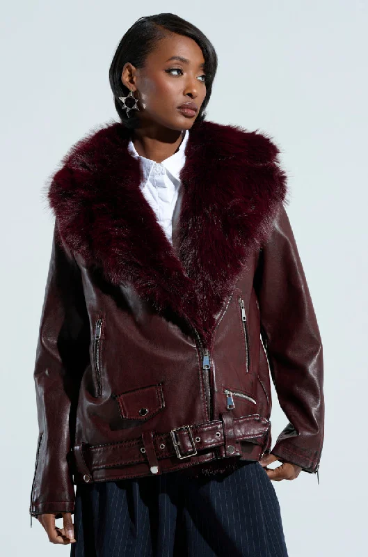 classic bomber jacketON THE GO FUR TRIM MOTO IN BURGUNDY