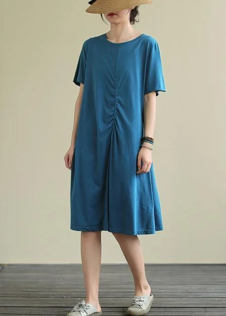 trendy wrap dressBohemian o neck Cinched Cotton summer dress Sewing blue Dresses