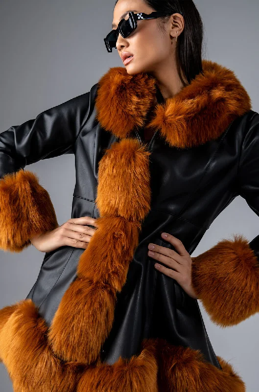 long-sleeve winter jacketLONG PLEATHER JACKET WITH FAUX FUR TRIM