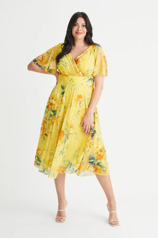 casual day dressCarole Yellow Multi Floral Print Wrap Bodice Sunray Pleated Skirt Midi Dress