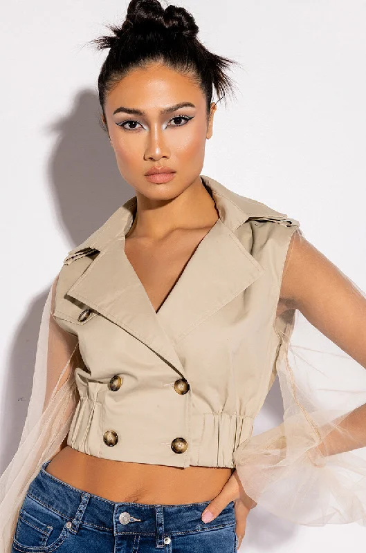 comfortable outerwearCROP TRENCH WITH TULLE ARMS