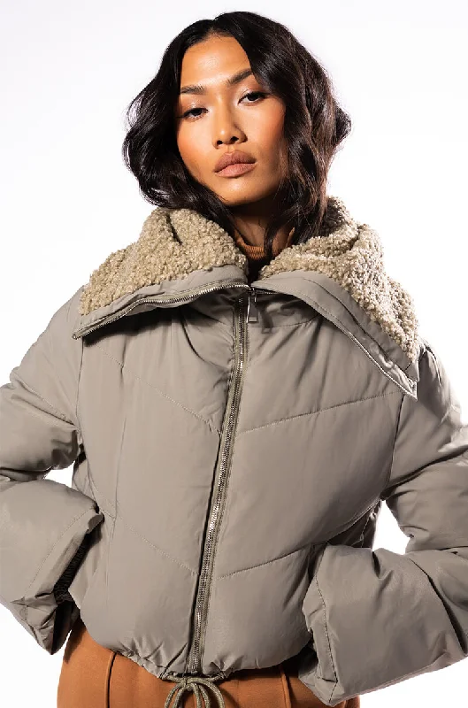 fashionable outerwearAMANDA CROP PUFFER WITH SHERPA COLLAR