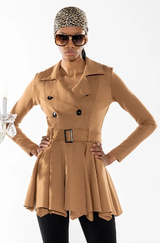 soft coatSTRETCHY PEPLUM TRENCH JACKET IN SCUBA