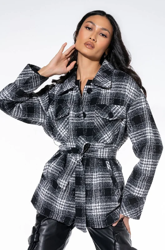 oversized trench coatFRONT TIE WRAP PLAID JACKET