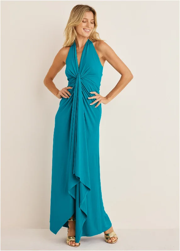 vintage dressPlunging Knot Maxi Dress - Teal