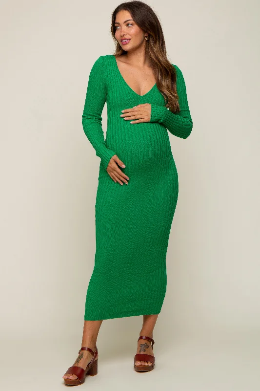 flowy maxi dressGreen V-Neck Long Sleeve Fitted Maternity Maxi Dress