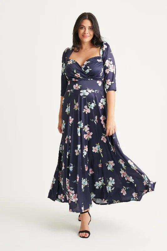 chic shift dressElizabeth Navy Pink Blue Print Satin Maxi Gown