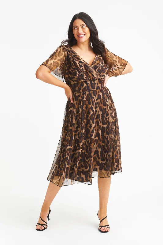 boho dressVictoria Leopard Print Angel Sleeve Mesh Midi Dress