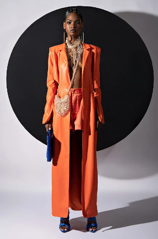 trendy jacketMORE LIFE ORANGE CUT OUT PLEATHER TRENCH