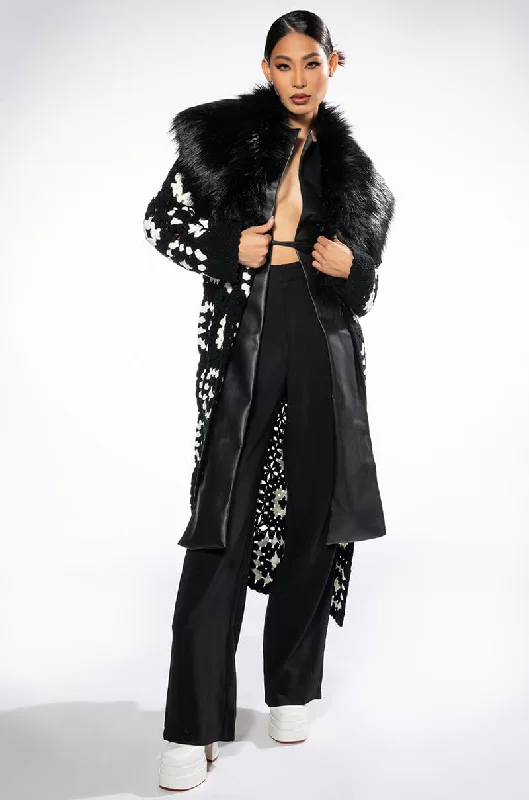 raincoatHAYAO HAND KNIT CROCHET TRENCH WITH FAUX FUR COLLAR