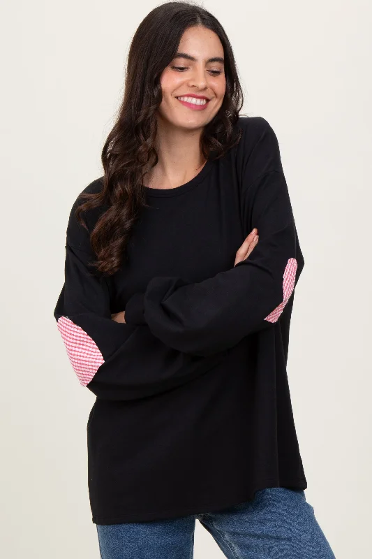 Black Solid Long Sleeve Heart Patch Top