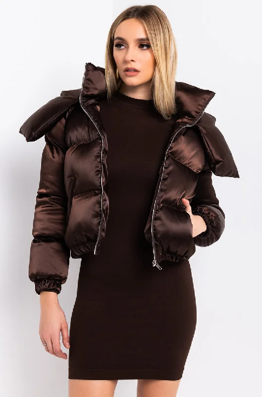 cozy wool-blend coatAZALEA WANG CHOCOLATE SATIN PUFFER