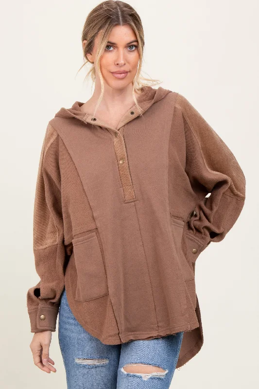 Brown French Terry Dolman Sleeve Hooded Pullover