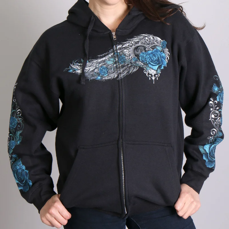 Hot Leathers GLZ4345 Ladies 'Angel Roses' Zip Up Hooded Ladies Black Sweat Shirt