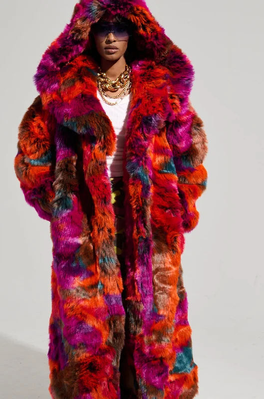 sporty outerwearUPSETTER MAXI FAUX FUR COAT IN PINK MULTI