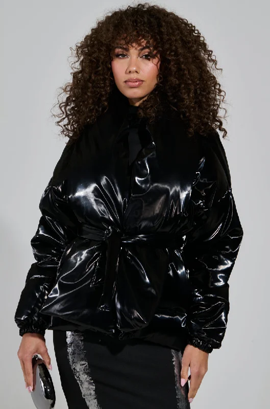 fashion-forward coatLIQUID METAL WRAP PUFFER