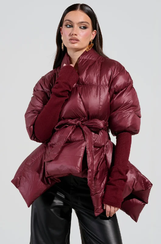 slim fit coatRIB SLEEVE PEPLUM PUFFER IN BURGUNDY