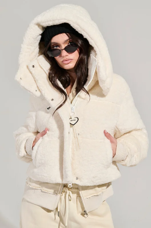 cozy winter coatMARDIE FUZZY BEIGE HOODED PUFFER