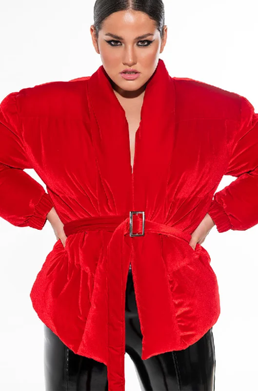 sleek and warm coatPLUS AZALEA WANG VELVET RED WRAP PUFFER