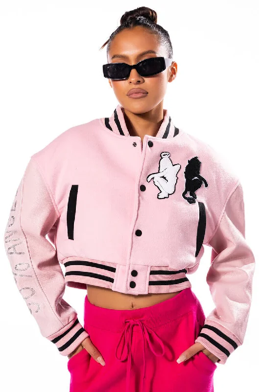 contemporary trench coatY2K VARSITY BOMBER WITH TRAMP STAMP