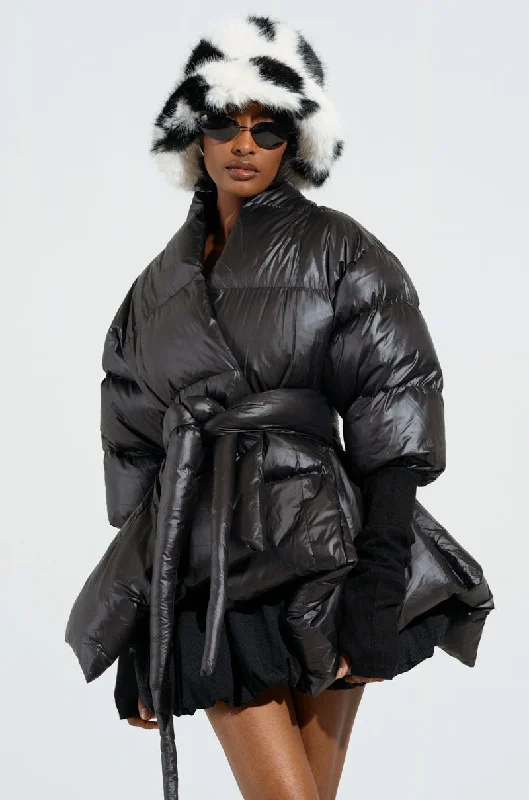 insulated coatA STEP AHEAD LONG RIBBED SLEEVE PEPLUM PUFFER COAT