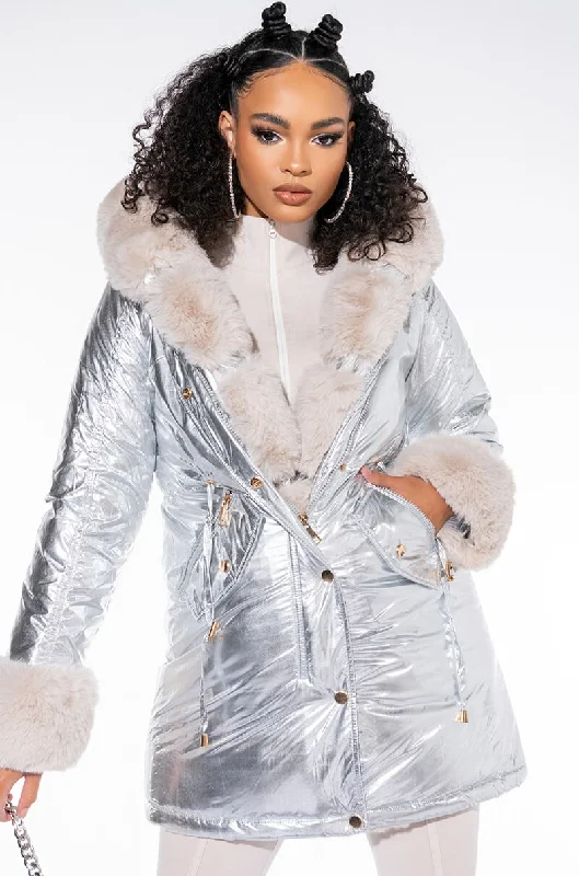 stylish peacoatHYATT SILVER PUFFER WITH FAUX FUR TRIM