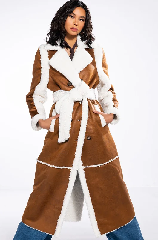 comfortable winter coatOH NA NA SHEARLING SUEDE TRENCH COAT