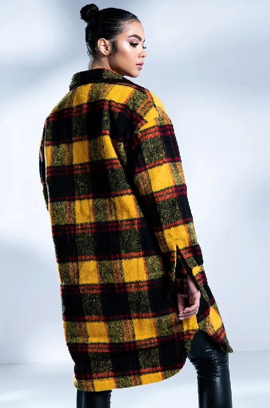 casual trench coatFUZZY PLAID LONG SHACKET WITH QUILTED LINING