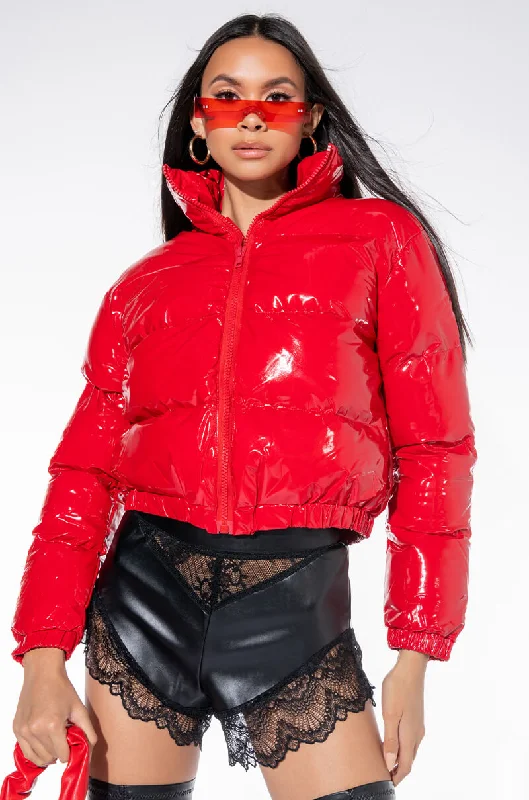 sporty outerwearREADY OR NOT PATENT PUFFER