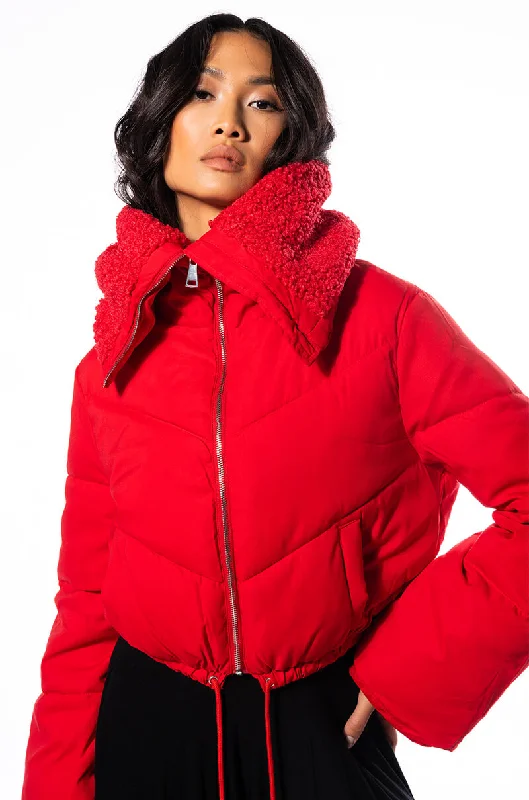 contemporary coatAMANDA CROP PUFFER WITH SHERPA COLLAR