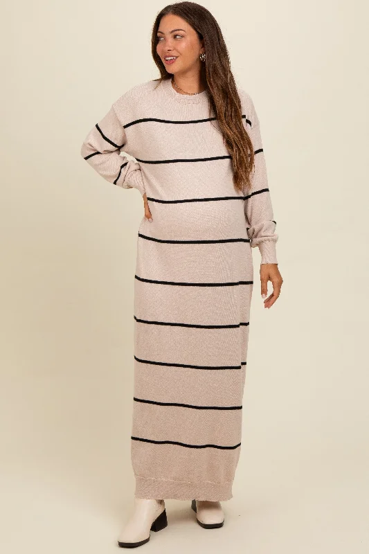 lace dressBeige Striped Knit Drop Shoulder Maternity Midi Dress