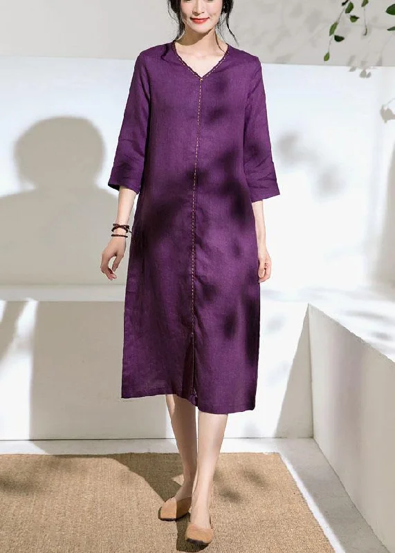 fitted dressBeautiful purple linen Robes v neck tie waist Dress