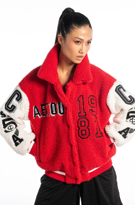 sleek trench coatSOLO BEAR TEDDY VARSITY JACKET